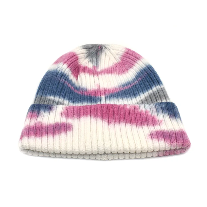 Fashion Knitted Warm Hats Autumn Winter Women Color Tie Dye Short Beanie Caps Headwear Hip Hop Streetwear Hats white skully hat