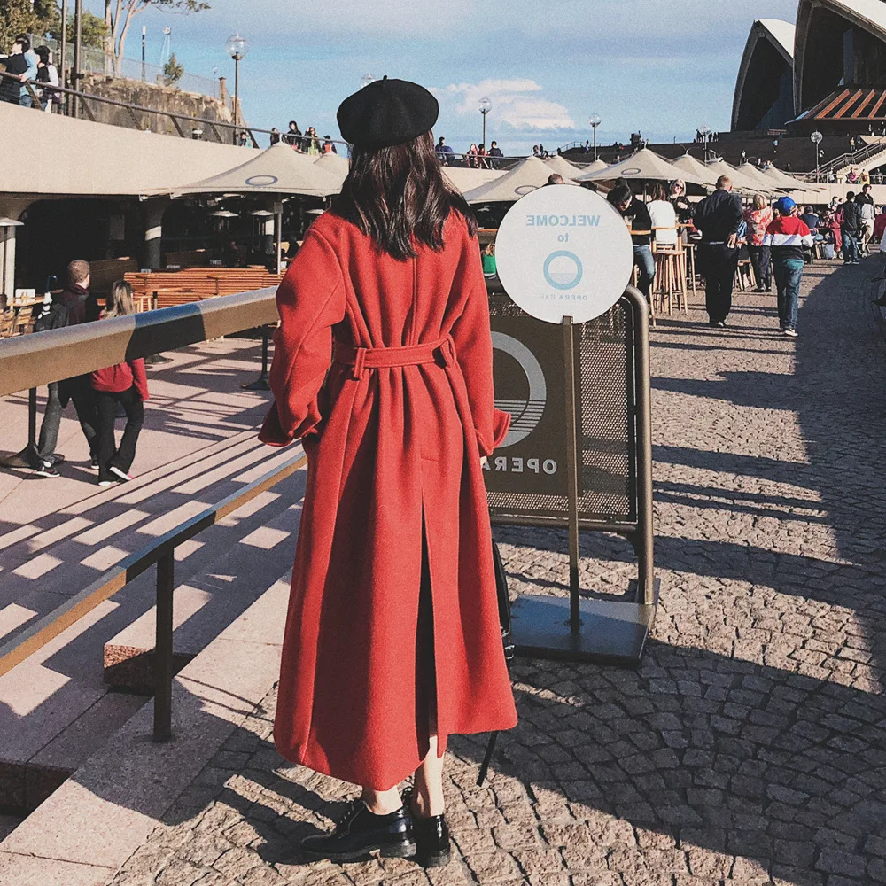 

Photo Shoot 2018 Winter New Style Korean-style WOMEN'S Wear-Style Retro Laziness-Style Long Waist Hugging Woolen Overcoat Woolen