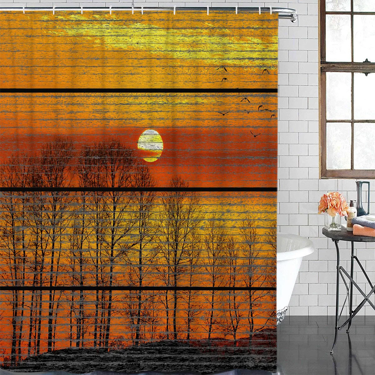 Waterproof Curtain Wood Grain Effect Sunset Trees Birds Fabric Shower Home Bathroom Decor | Дом и сад
