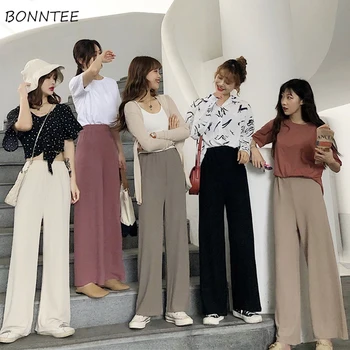 

Pants Women Elastic Waist Full Length Wide Leg Pant Korean Style Womens Solid Simple Daily Leisure Slim Students Trousers Trendy