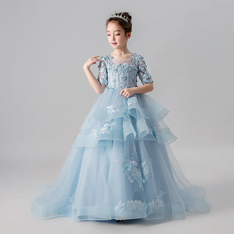 

Girls Children's Tuxedo Catwalk Tail Princess Dress Dreamlike Flower Piano Performance Dresses For Kids Wedding Evening Dressing