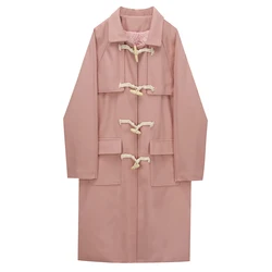 Horn Button Pink Cotton Jacket Women Autumn Winter Quilted Thickened Mid-length Over The Knee Woolen Coat Female College Style