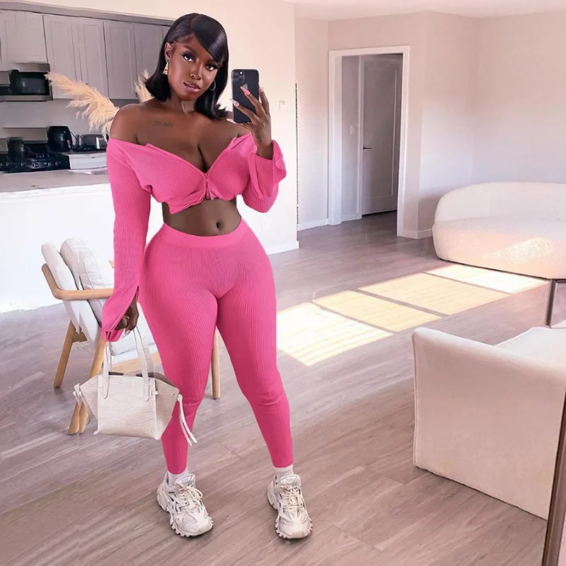 2020 Winter Women 2 Two Piece Set Long Sleeve Crop Tops Tshirt Pants Bodycon Sport Fitness Tracksuit |