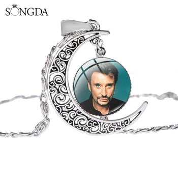 

2020 Fashion Johnny Hallyday Celebrity Necklace Famous French Rock Star Art Poster Moon Pendant Hip Hop Jewelry Fans Gift