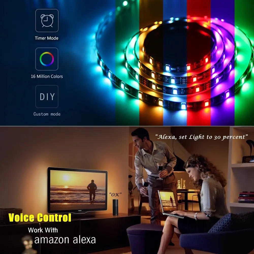 Умная Светодиодная лента с управлением через приложение, WiFi, 5 м, WiFi, RGB, Светодиодная лента, светильник, водонепроницаемая, гибкая, DC12V, Alexa, Google Home, голосовое управление
