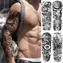 

Waterproof Temporary Large Arm Sleeve Tattoo Stickers Clock Compass Gear Rose Flash Tattoos Male Arm Body Art Fake Tatto Women