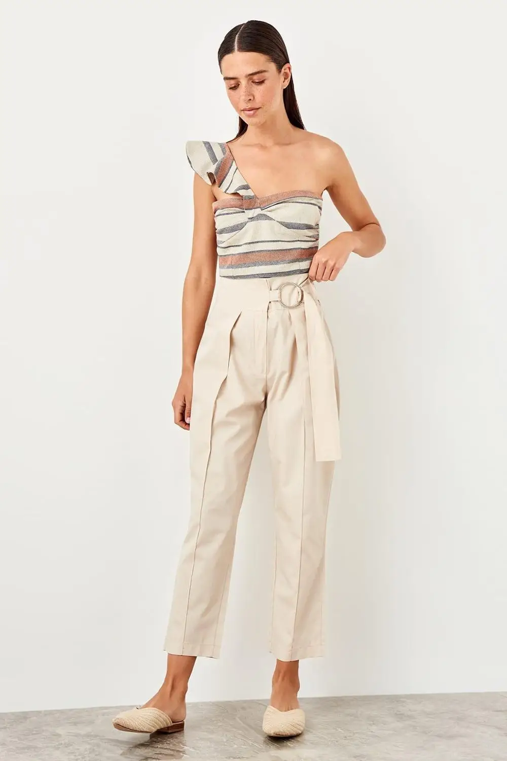 Trendyol сливы арочные брюки лиоцелл TWOSS19ST0053 - Цвет: Бежевый