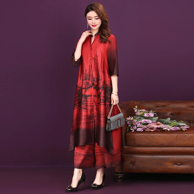 QPFJQD Chinese Style Large Size Stand Collar Three Quarter Sleeve X-Long  Dress+ Casual Ankle-Length Pants Two Piece Suits - AliExpress