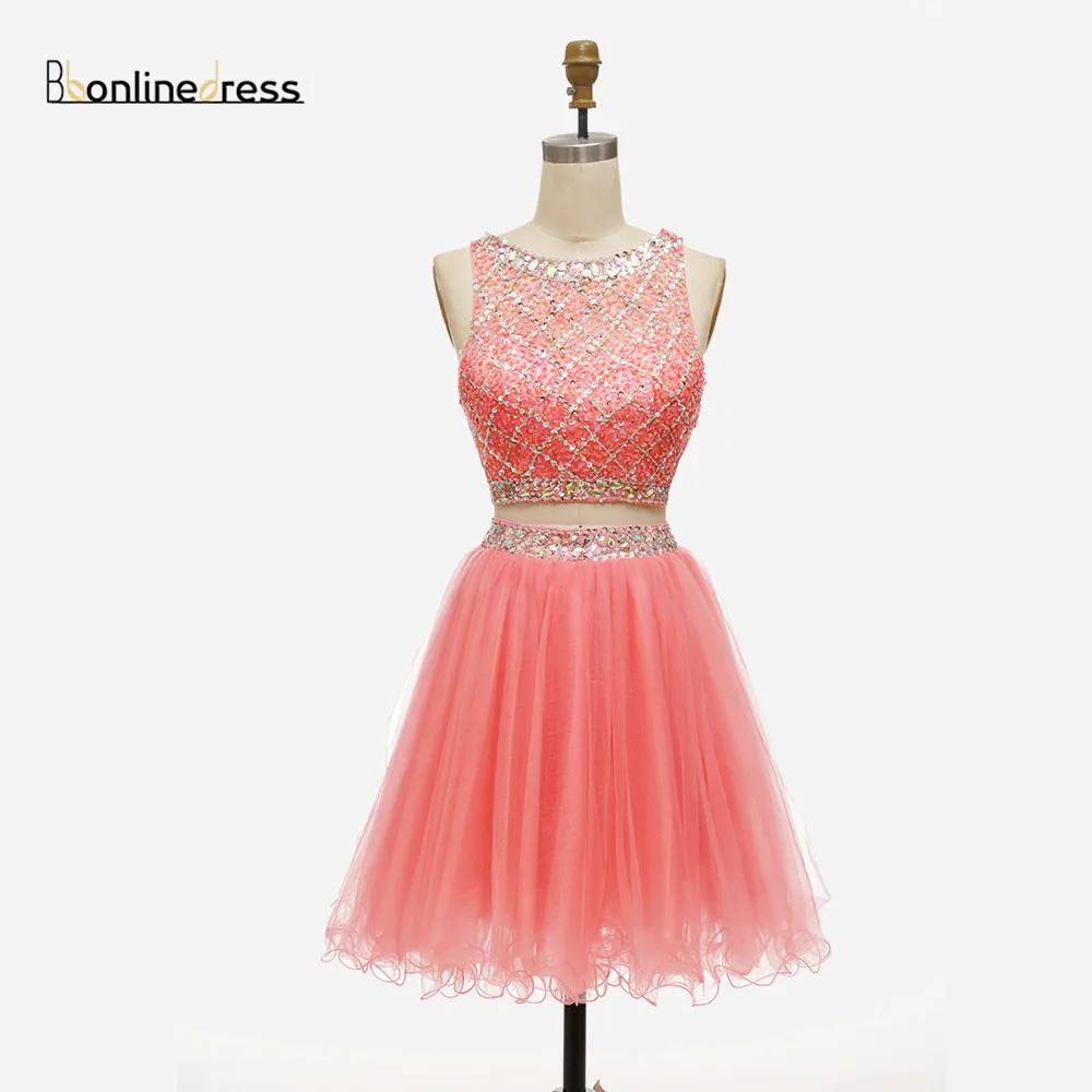 Free Shipping Homecoming Dress Tulle Two Pieces Girl Party Wear Cocktail Dresses Crystal Beaded Charming graduation robes