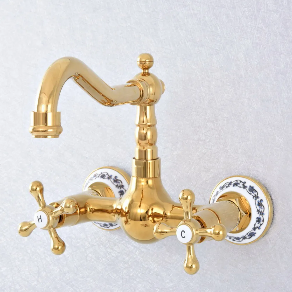 Gold Polished Double Handle Swivel Spout Kitchen Mixer Faucets Solid Brass Basin Mixer Faucet with Ceramic Crane Ksf619