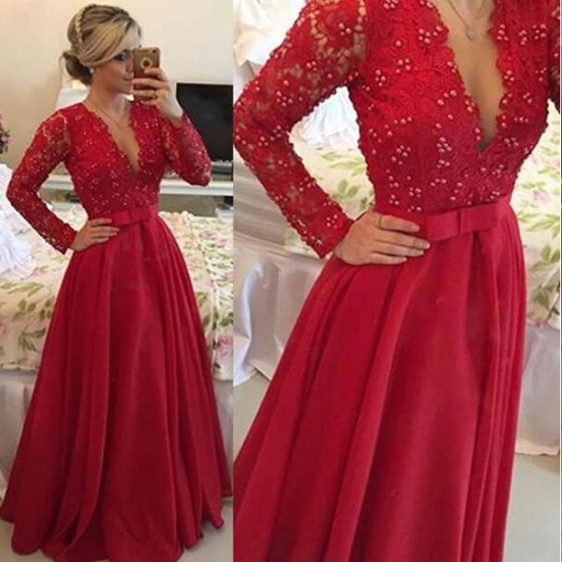 

Red Evening Dresses 2019 Chiffon A-Line Full Sleevess Lace Hand-Beaded Long Party Dress Evening Dress Vestido de festa