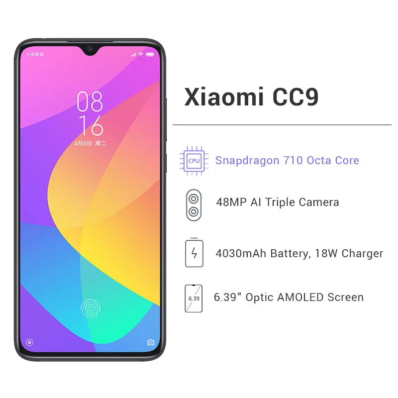 Глобальная ПЗУ Xiaomi Mi CC9 CC 9 6 ГБ ОЗУ 128 Гб ПЗУ мобильный телефон Snapdragon 710 48MP Тройная+ 32MP фронтальная камера 6,3" полный экран