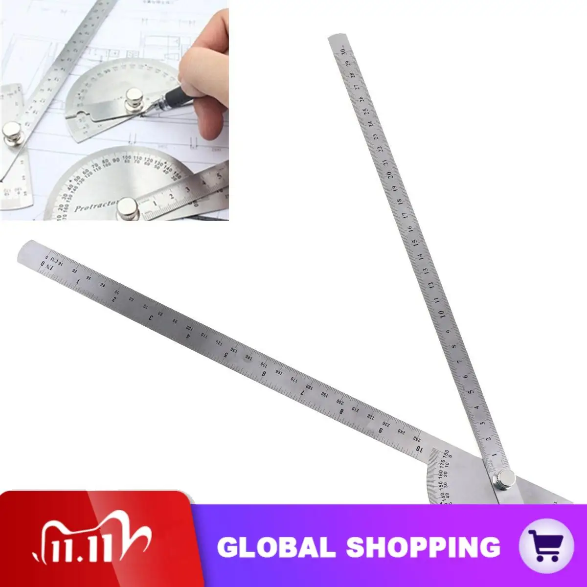 

180 Degree 250 x 300mm Stainless Steel Adjustable Double-arm Angle Ruler with Round Head Rotary Protractor and Adjustable Nut