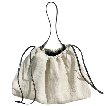

LJL-Korean Contrast Color Women Handbag Drawstring Canvas Ladies Shoulder Bag Large Capacity Travel Bag