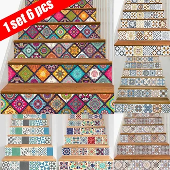 

6PCS Removable Stairs Sticker Step Self-Adhesive Ceramic Tiles PVC Stair Wallpaper Decal Vinyl Stairway Home Decoration 18x100CM