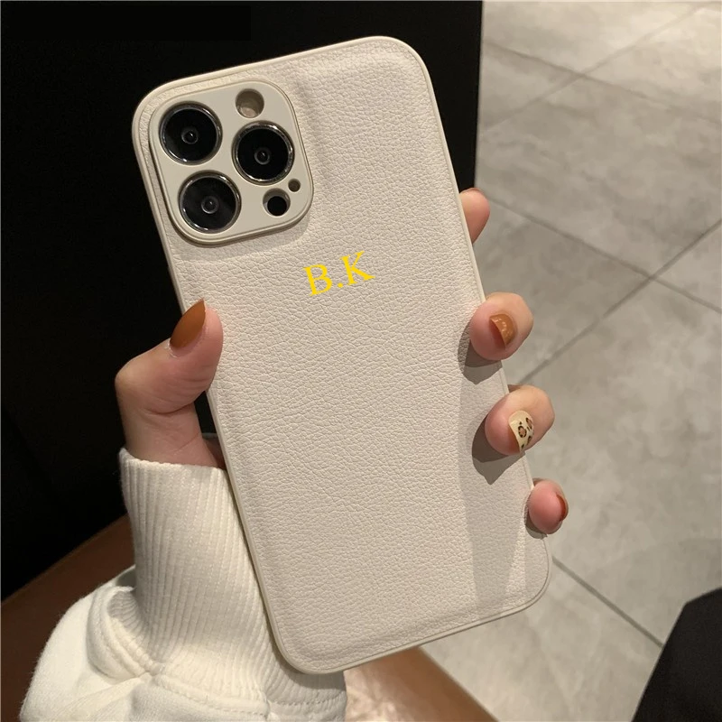 Korea Personalise Name Letters Leather PU Soft Phone Case for iPhone 15 14 13 12 11 Pro X XS Max XR 7 8 Plus Luxury Plain Cover iphone case phone case phone protector cover leather phone case