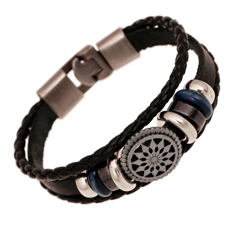 

2020 New Arrival Multi Layer Genuine Leather Men Bracelet Vintage Black White Cowhide Bangle Wristband Punk Rock Jewelry For Men