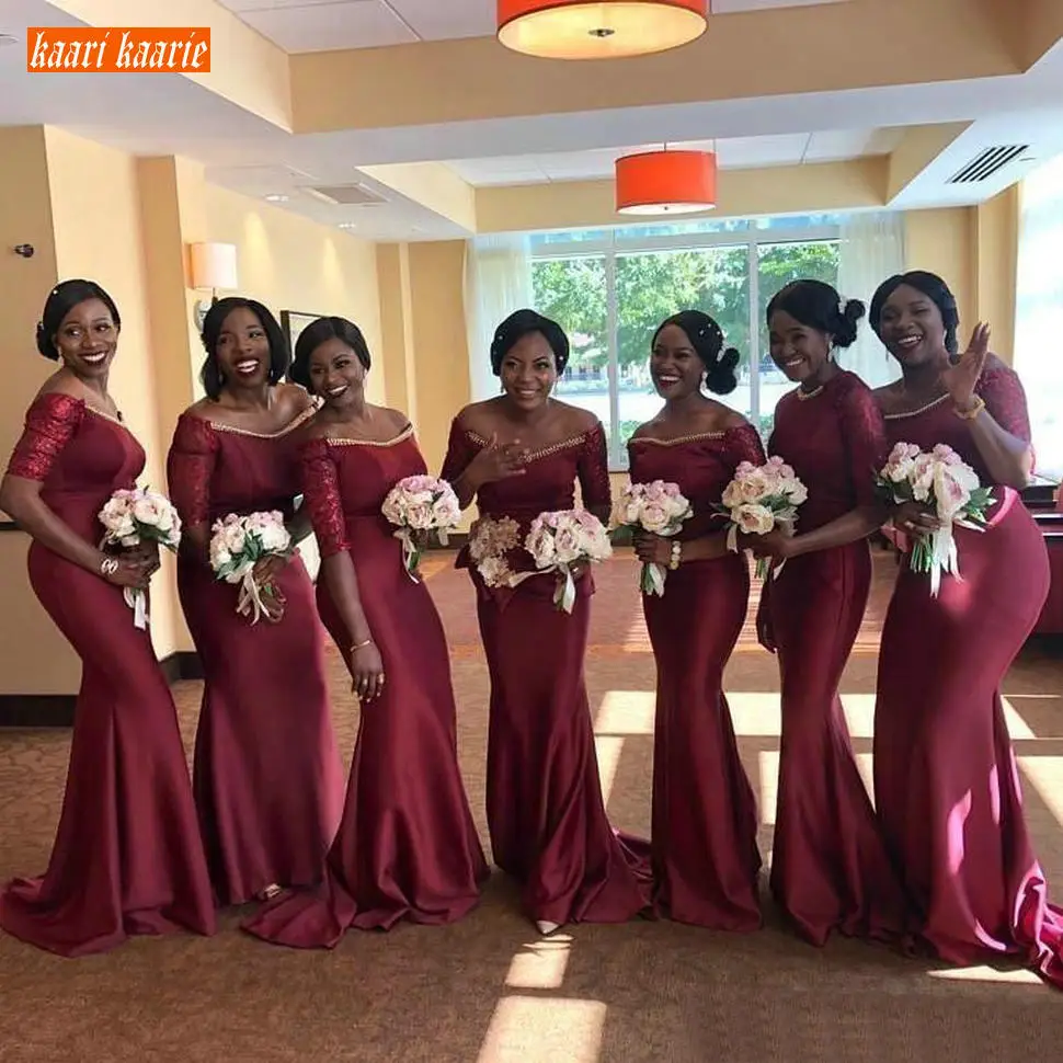 

Stylish African Burgundy Bridesmaid Dresses Off Shoulder Mermaid Half Sleeve Wedding Party Dress Satin Long Maid of Honor Gowns