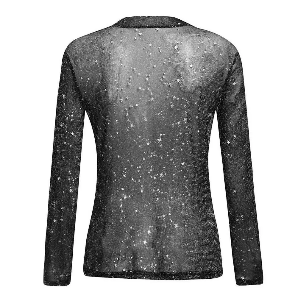 Женская прозрачная водолазка с блестками Сетчатая футболка длинными рукавами