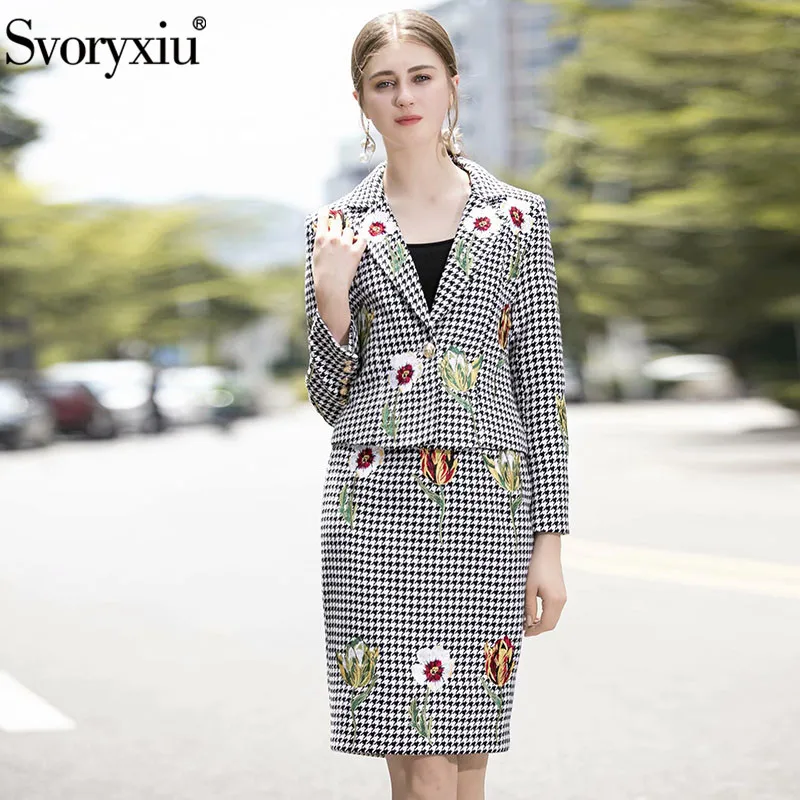 

Svoryxiu Women's Autumn Winter Runway Skirt Suit Fashion Flower Embroidery Black White Plaid Jackets Two Piece Set Female