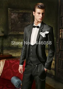 

Costume Mariage Homme 2017 Custom Made 3 Pieces Groom Wear Black Shiny Tuxedo For Men Prom Wedding Suits(Jacket+Pants+Vest+Bow)