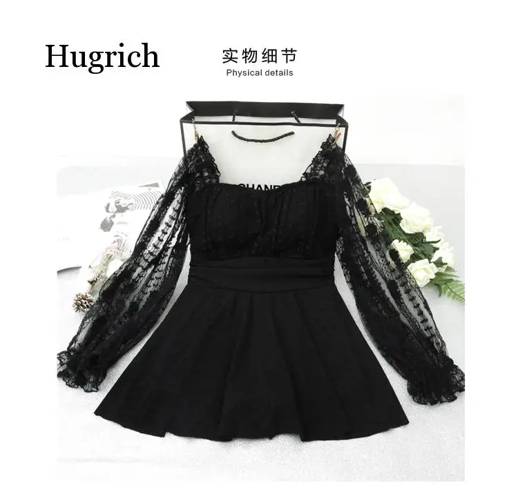Women's Long Sleeve Summer Spring Sexy  Lace See Through Sleeve White Black 2021 New Style