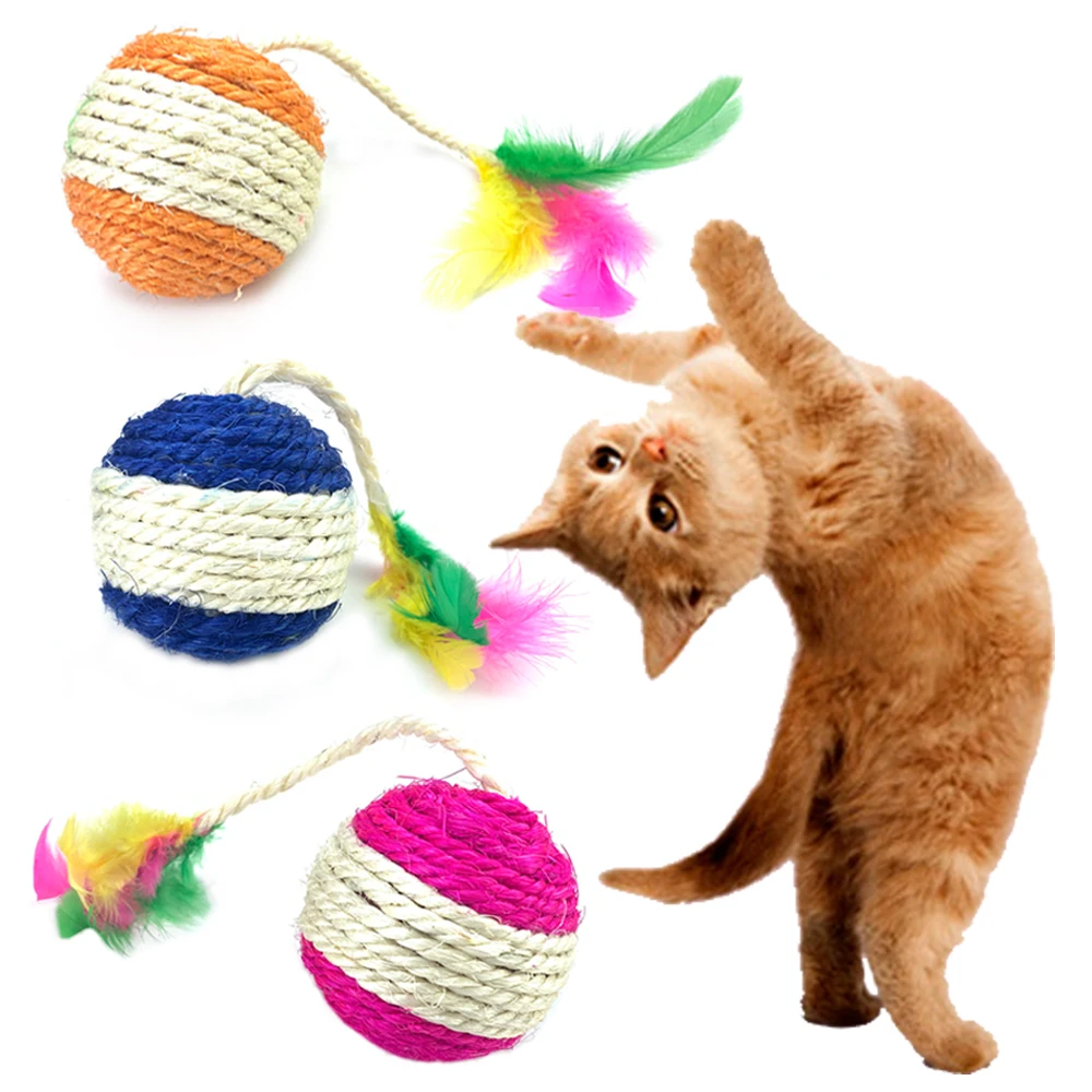 

Colour Feather Big Cat Toy Ball Interactive Cat Toy For Kitten Sisal Rope Weave Chew Toys Cat Ball Rolling Teaser Pet Supplies