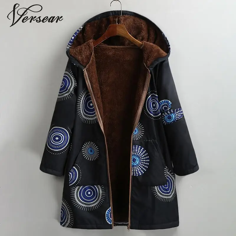 

Versear Women Winter Warm Coats Casual Floral Print Hooded Zipper Warm Vintage Pocket Loose Jackets Plus Size Female Outwear