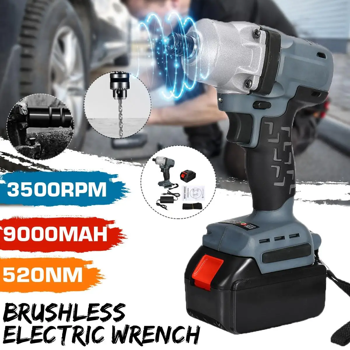 

2 IN 1 Electric Wrench 3500rpm 520Nm Brushless Electric Drill 18V 9000mah Impact Wrench for Building Engineering Repairing