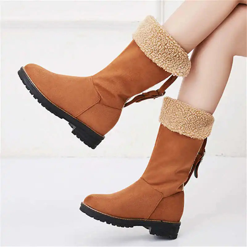Odetina Women Fashion Winter Buckle Slip On Non-slip Mid Calf Boots Lady Faux Suede Block Low Heel Platform Round Toe Snow Boots