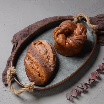 

Retro Thicken Wrought Iron Storage Tray with Hemp Rope Handles Vintage Bread Tray Antique Storage Plates Home Decor Photo Props