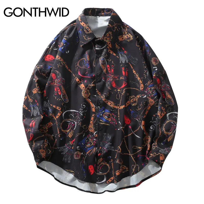 GONTHWID-camisas de manga larga con estampado de cadenas y cinturones hombre, ropa informal de moda, Hip Hop, Hipster, Tops de calle botones - AliExpress Ropa de