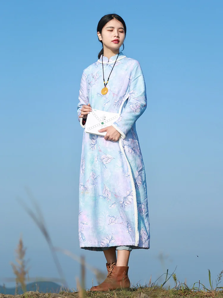 LZJN женское винтажное платье с цветочным принтом в китайском стиле Cheongsam Осень Зима Новое китайское теплое флисовое платье с длинным рукавом