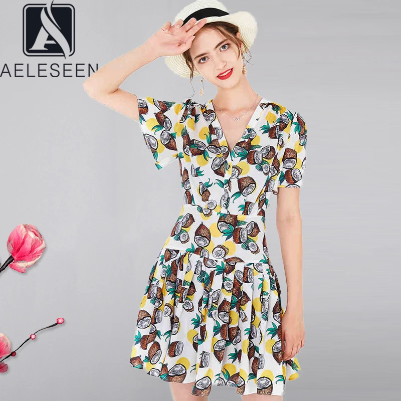 AELESEEN, летнее пляжное платье, женское, подиум, модное, цветочное, с рукавом, с фруктовым принтом, v-образный вырез, тонкое, элегантное, мини платье, Vestidos