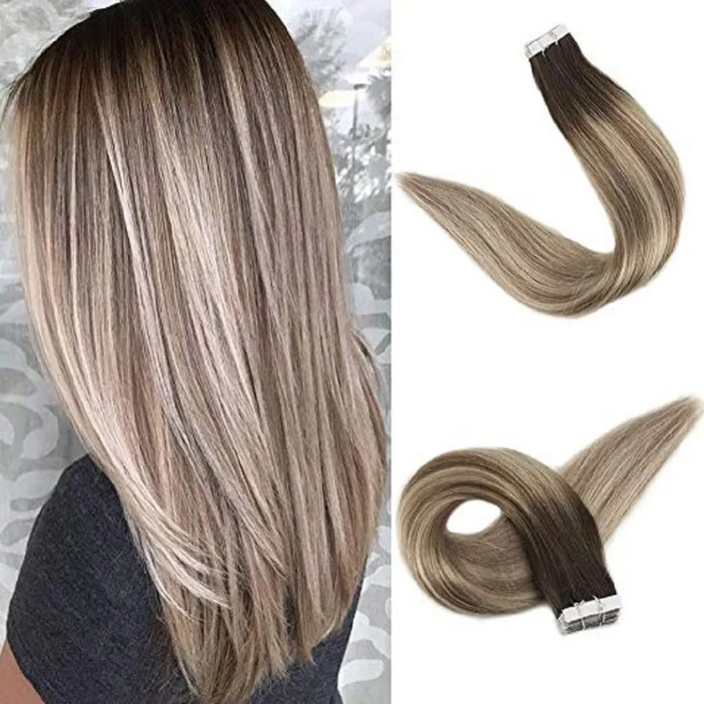 Полный блеск Balayage цвет омбер человеческие волосы на ленте для наращивания 20 шт 50 г блонд коричневый лента для наращивания машина сделано remy