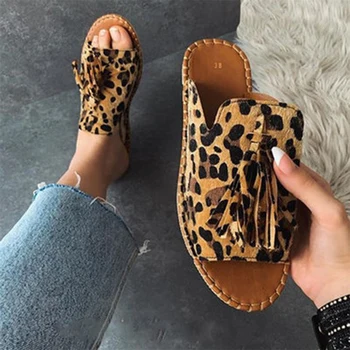 

Women Leopard Slippers Tassel Flat 2020 Women's Casual Summer Shoes Ladies Open Toe Slides Female Outside Sewing Shoes Plus Size