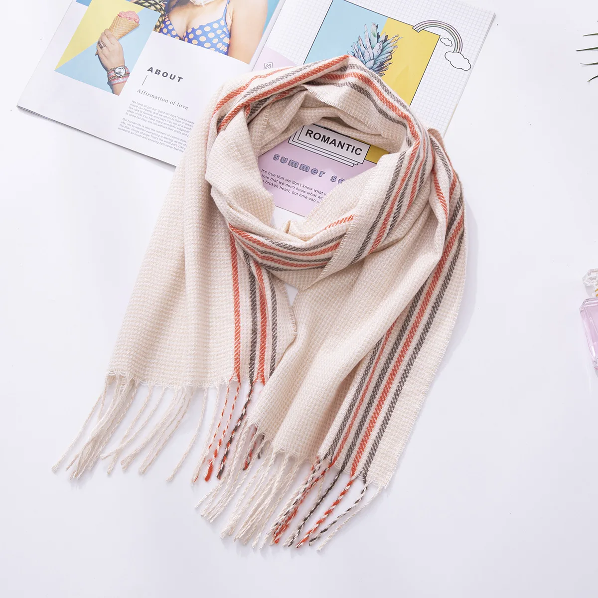 Autumn and winter new blanket scarf imitation cashmere boys and girls bib classic models long warm tassel striped scarf women - Цвет: White