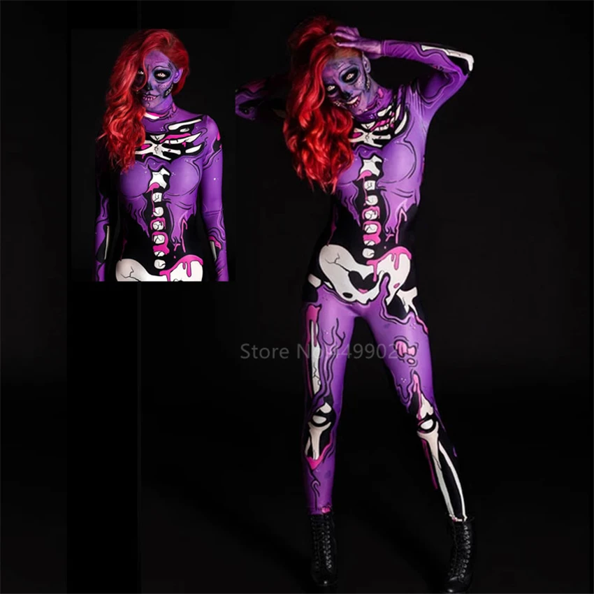Scary Costume Skeleton Women Wine Red Wig Halloween Day of The Dead Horror Zombie Vampire Cosplay Fancy Dress Carnival Party