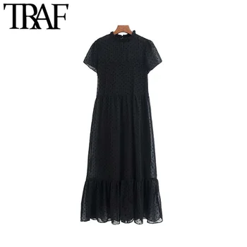 

TRAF Women Vintage Stylish Polka Dot Chiffon Midi Dress Fashion O Neck Short Sleeve Female Dresses Casual Vestidos Mujer