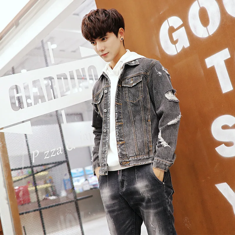 

2018 Autumn with Holes Jeans Coat Men Korean-style Trend Denim Suit Men's Slim Fit Two-Piece Set Youth Handsome