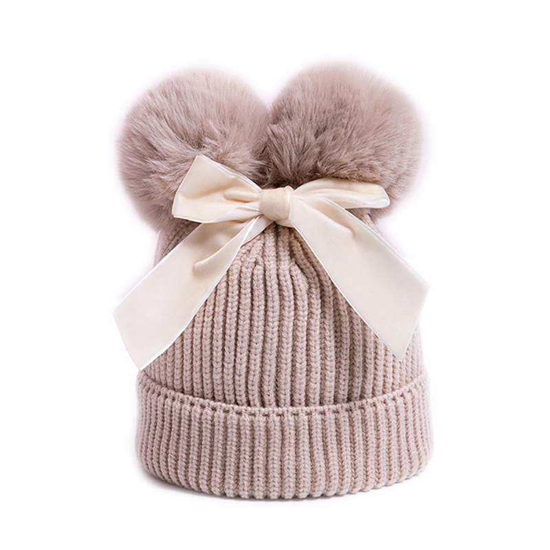 Baby Double Pompom Hat Velvet Bow Winter Girls Warm Knit Thicker Pom Pom Hats Ball Children Beanie Cap Kids Bonnet Casquette 2