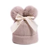 Baby Double Pompom Hat Velvet Bow Winter Girls Warm Knit Thicker Pom Pom Hats Ball Children Beanie Cap Kids Bonnet Casquette 2