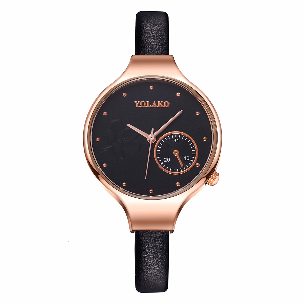 black YOLAKO для женщин кожа цветок часы Роскошные повседневное дамы кварцевые наручные часы для подарка часы - Цвет: black