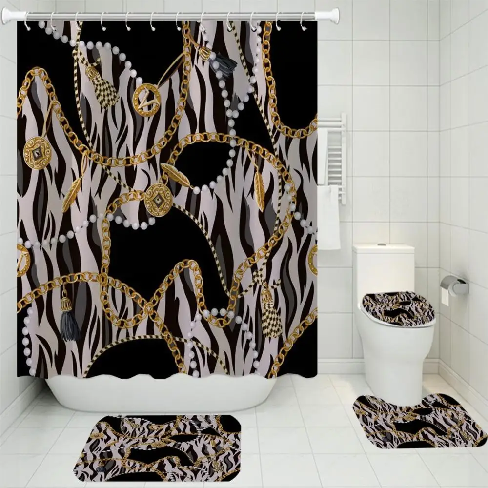 

Shower Curtain Set Anti-skid Rugs Bath Mat Toilet Lid Cover and Hooks Printed European Classic Bathroom Accessory Set 4PCS