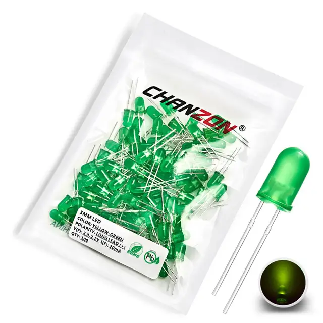 5mm Diffused LED Diode Kit Lamp Light Emitting Diode Bulb Indicator 5 mm White Red Blue Green Orange Yellow 3V DIY Set Assorted 100pcs Yellow-Green
