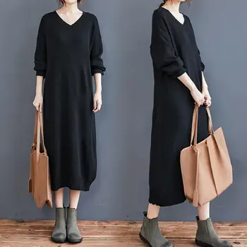 

2020 Korean Clothing Women All-match Solid Color Bat Sleeve Loose V-neck Sweater Dress Autumn and Winter Knitting Vestidos y208