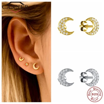 

CANNER 1 Pair Real 925 Sterling Silver Stud Earrings for Women Piercing Earings Moon Crystal Zircon Fine Jewelry pendientes