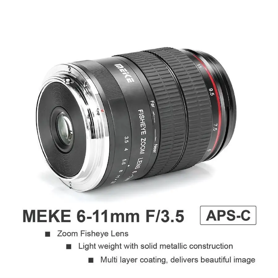 

Meike 6-11mm Ultra Wide F3.5 Zoom Fisheye Lens for All E F FX Mount DSLR Cameras with APS-C M43 Camera Lennings