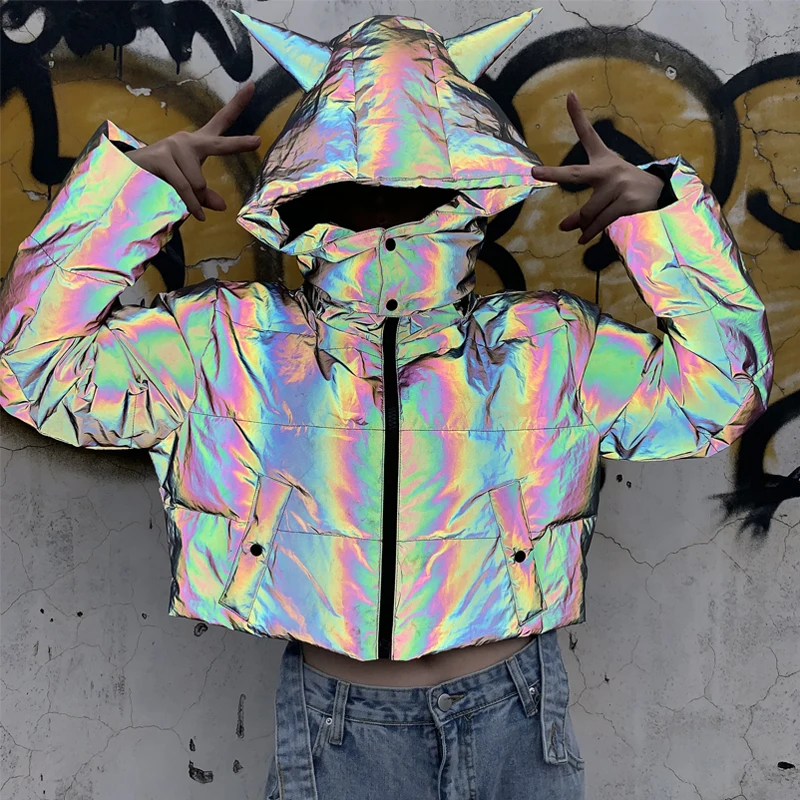 buy  reflective hooded parkas autumn winter warm cropped coat jacket hoodies baggy casual streetwear win