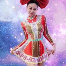 Flashing Silver Red Rhinestones Dress Women's Christmas Bar Singer Sexy Outfit Stage Dance Birthday Prom Show Dress